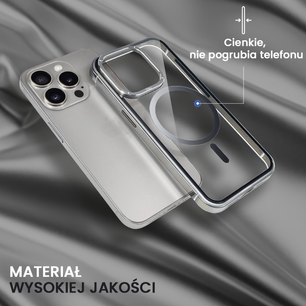 Etui do iPhone 15 Pro Max, Ibizu Elite Skin Cam Ring, krystalicznie czyste z metalową ramką, tytanowe z Magsafe