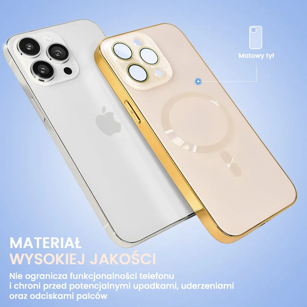 etui do iphone 15 pro jolly magsafe protect, hybrydowa ochrona kamery, pastelowy róż ze złotą ramką