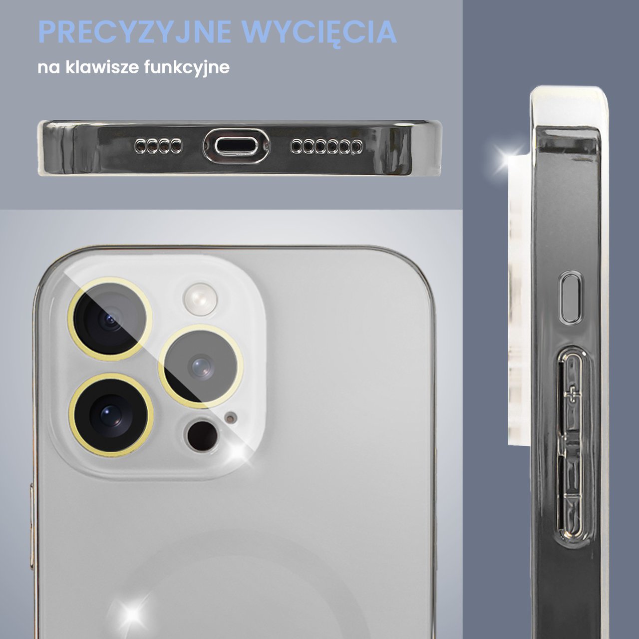 Etui do iPhone 15 Pro Max Jolly Magsafe Protect, z osłoną obiektywów, srebrne z ozdobną ramką