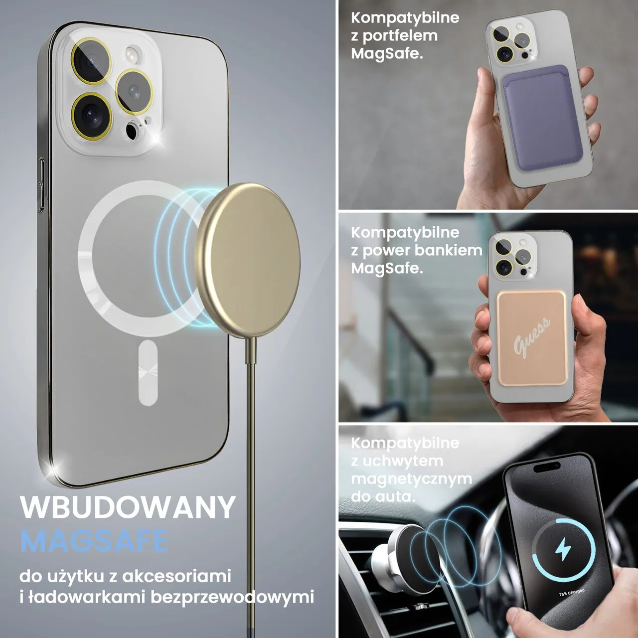 Etui do iPhone 15 Pro Max Jolly Magsafe Protect, z osłoną obiektywów, srebrne z ozdobną ramką