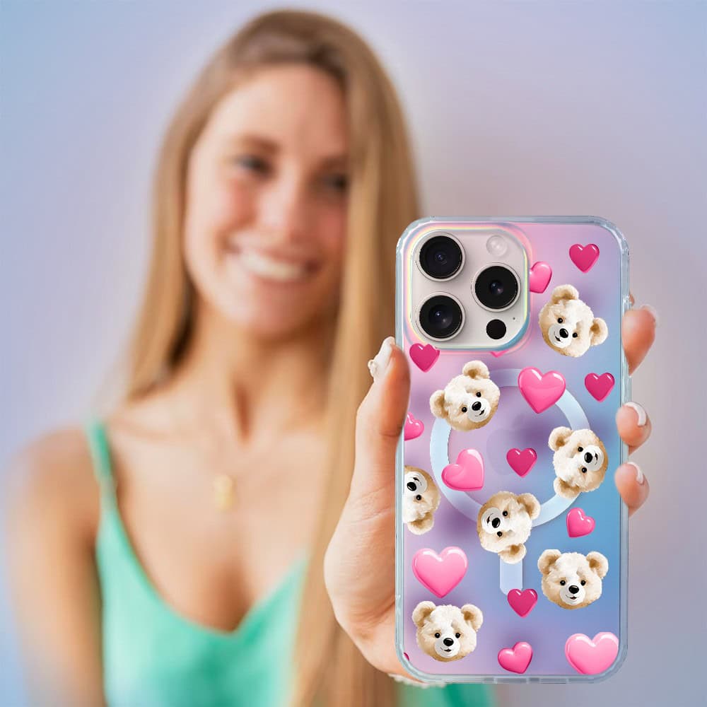 Etui do iPhone 15 Pro Max MagSafe Bear With Me, Love Mood, miś i serduszka, zmieniające kolor