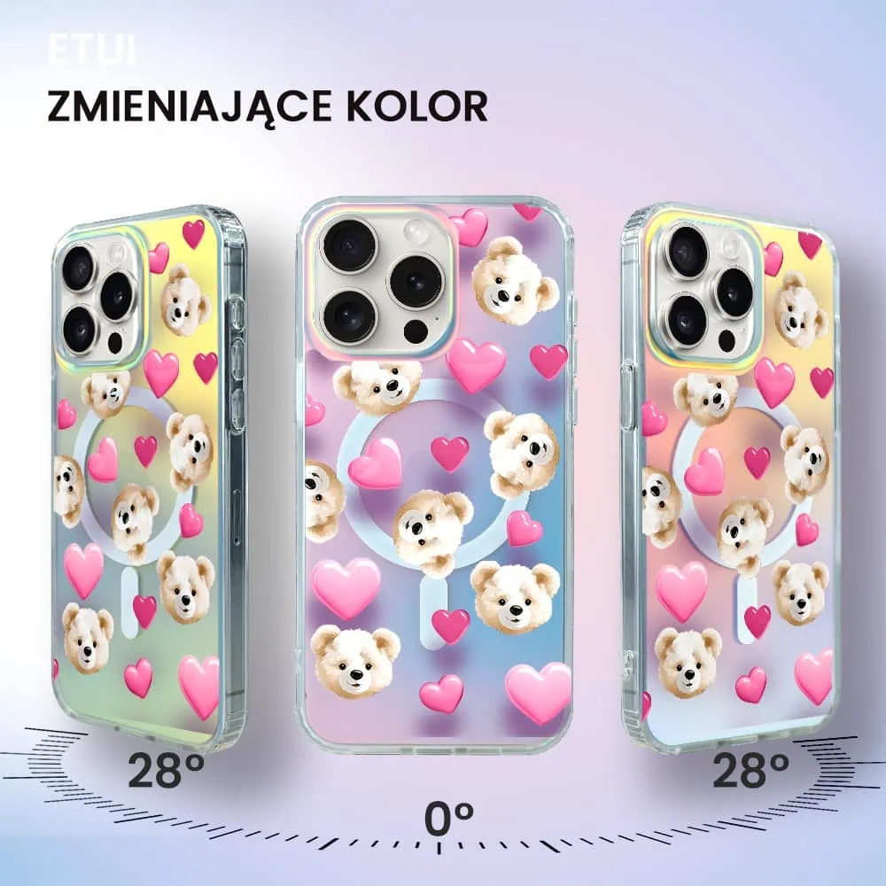Etui do iPhone 15 Pro Max MagSafe Bear With Me, Love Mood, miś i serduszka, zmieniające kolor