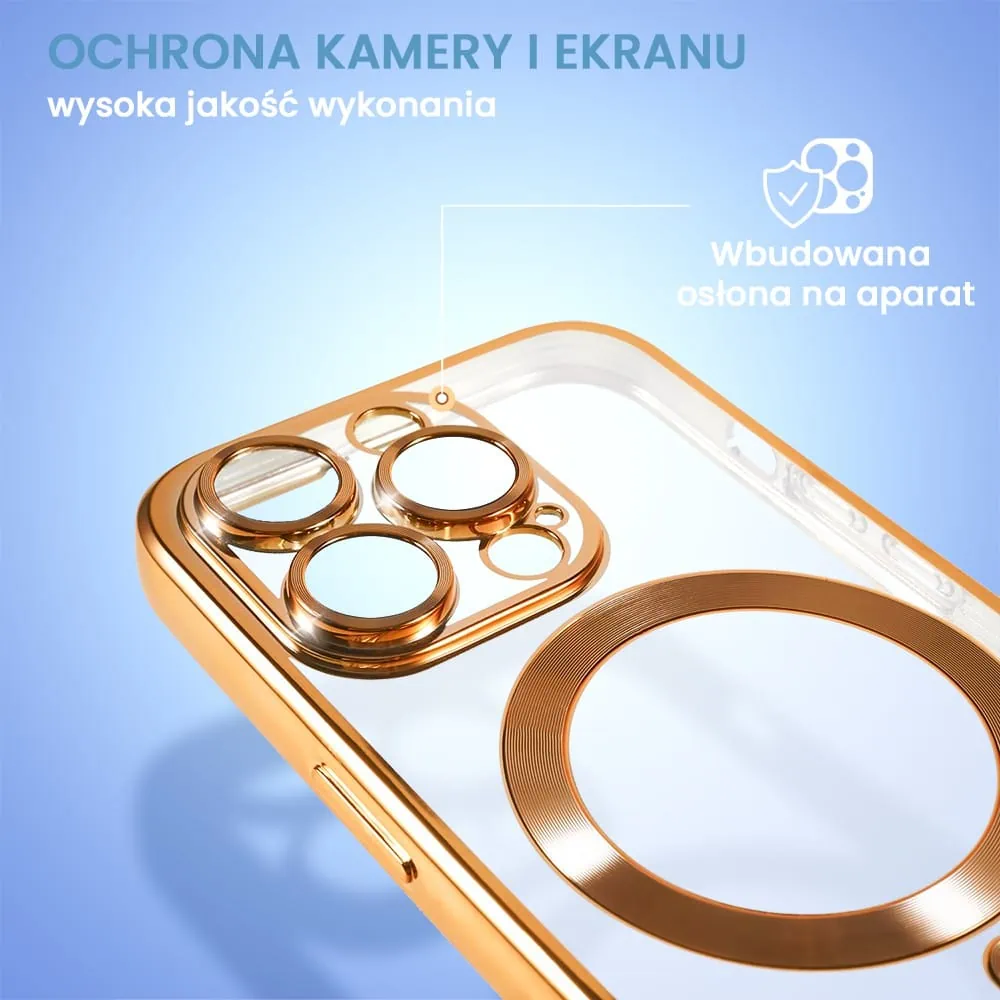 Etui do iPhone 15 Pro MagSafe Luxury Protect przeźroczyste, czerwone złoto