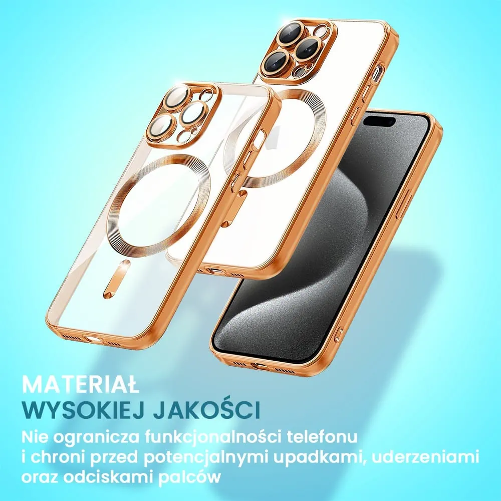 Etui do iPhone 13 Pro MagSafe Luxury Protect przeźroczyste, hybrydowa ochrona kamery, czerwone złoto