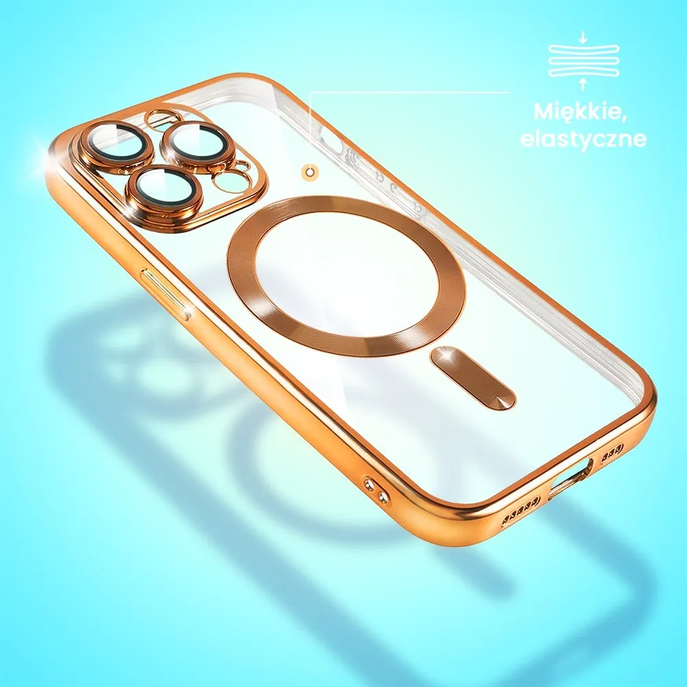 Etui do iPhone 13 Pro MagSafe Luxury Protect przeźroczyste, hybrydowa ochrona kamery, czerwone złoto