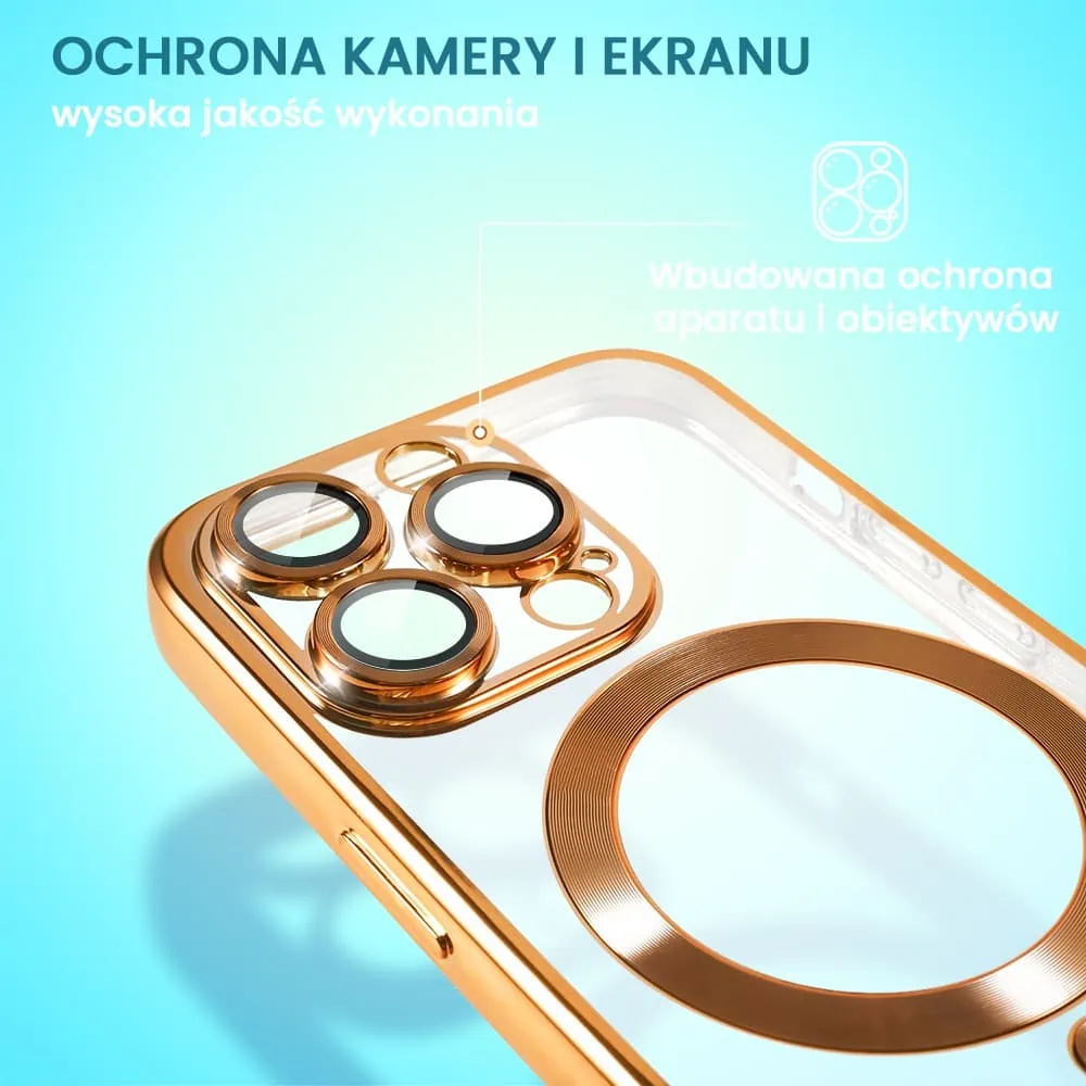 Etui do iPhone 13 Pro MagSafe Luxury Protect przeźroczyste, hybrydowa ochrona kamery, czerwone złoto
