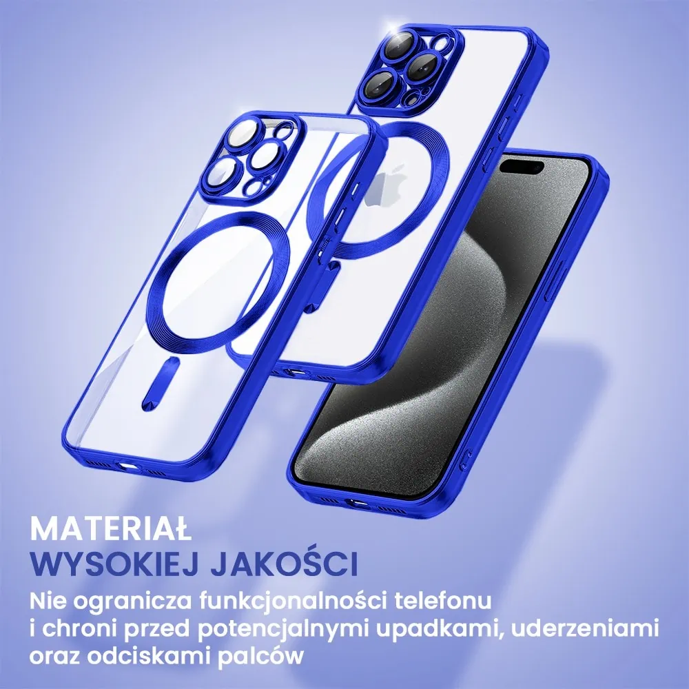 Etui do iPhone 15 Pro Max MagSafe Luxury Protect przeźroczyste, hybrydowa ochrona kamery, niebieskie