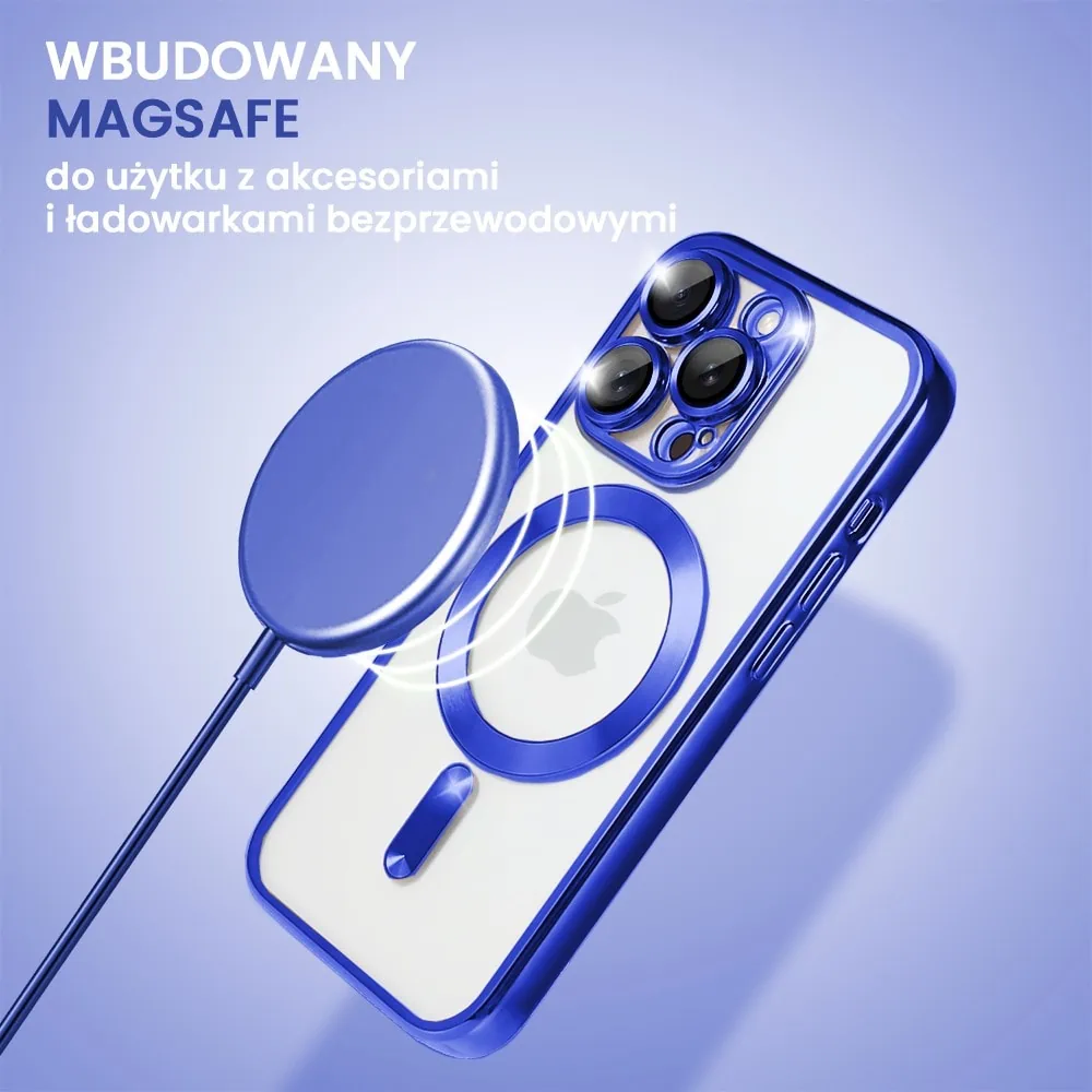 Etui do iPhone 15 Pro Max MagSafe Luxury Protect przeźroczyste, hybrydowa ochrona kamery, niebieskie