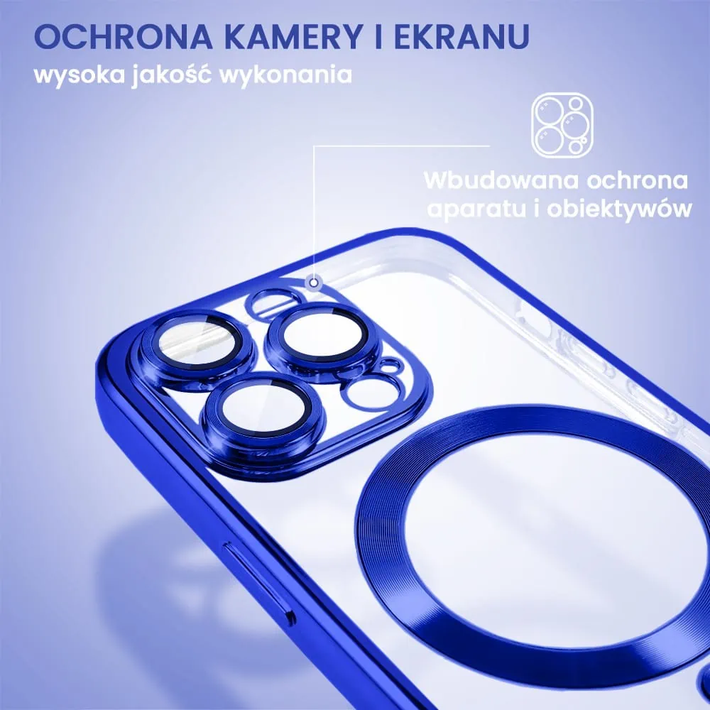 Etui do iPhone 15 Pro Max MagSafe Luxury Protect przeźroczyste, hybrydowa ochrona kamery, niebieskie