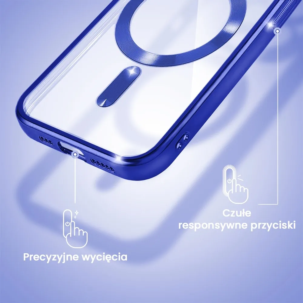 Etui do iPhone 15 Pro Max MagSafe Luxury Protect przeźroczyste, hybrydowa ochrona kamery, niebieskie
