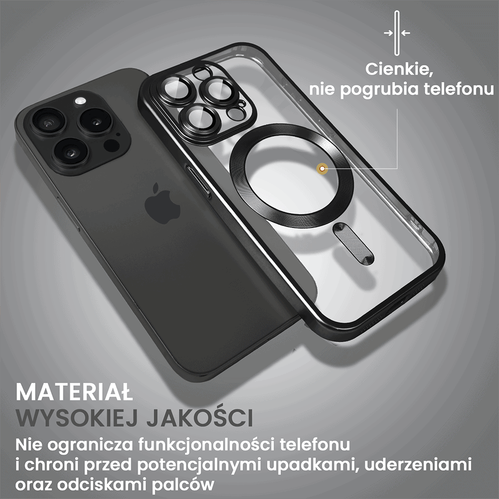 Etui do iPhone 15 Pro MagSafe Luxury Protect przeźroczyste, z osłoną aparatu, Titanium Finish, czarny tytan