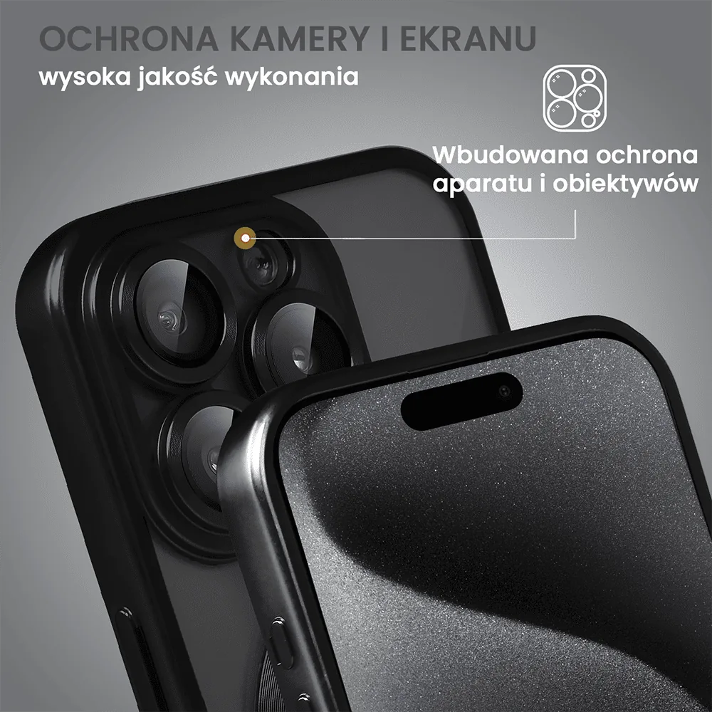 Etui do iPhone 15 Pro MagSafe Luxury Protect przeźroczyste, z osłoną aparatu, Titanium Finish, czarny tytan