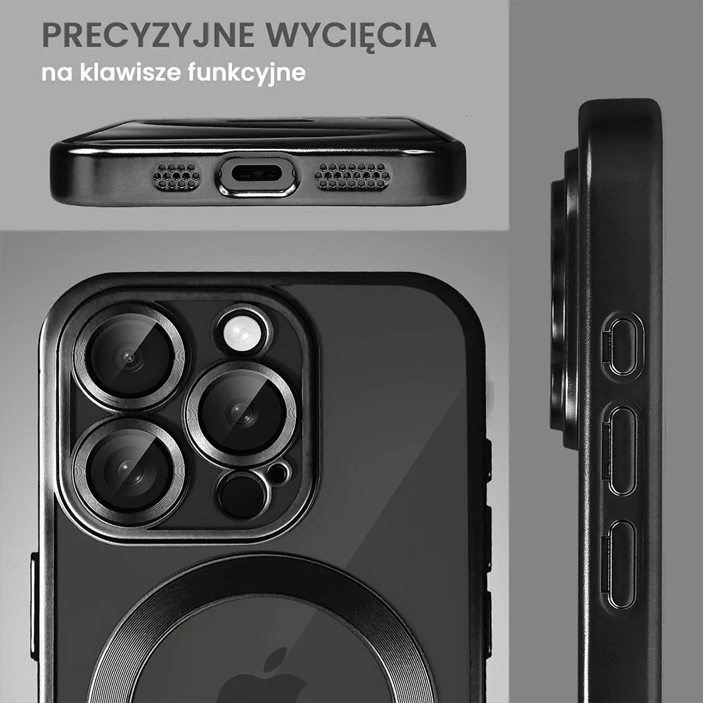 Etui do iPhone 15 Pro MagSafe Luxury Protect przeźroczyste, z osłoną aparatu, Titanium Finish, czarny tytan