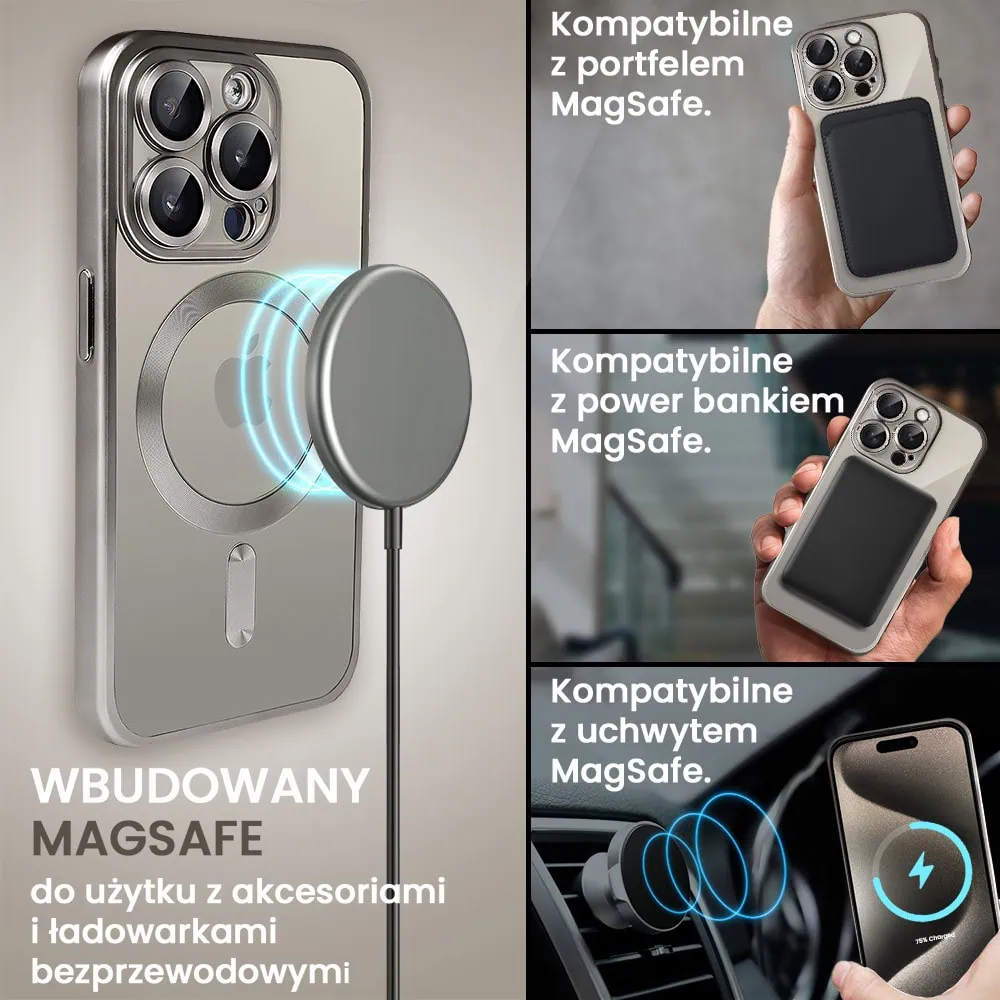 Etui do iPhone 15 Pro MagSafe Luxury Protect przeźroczyste, z osłoną aparatu, Titanium Finish, naturalnie tytanowe