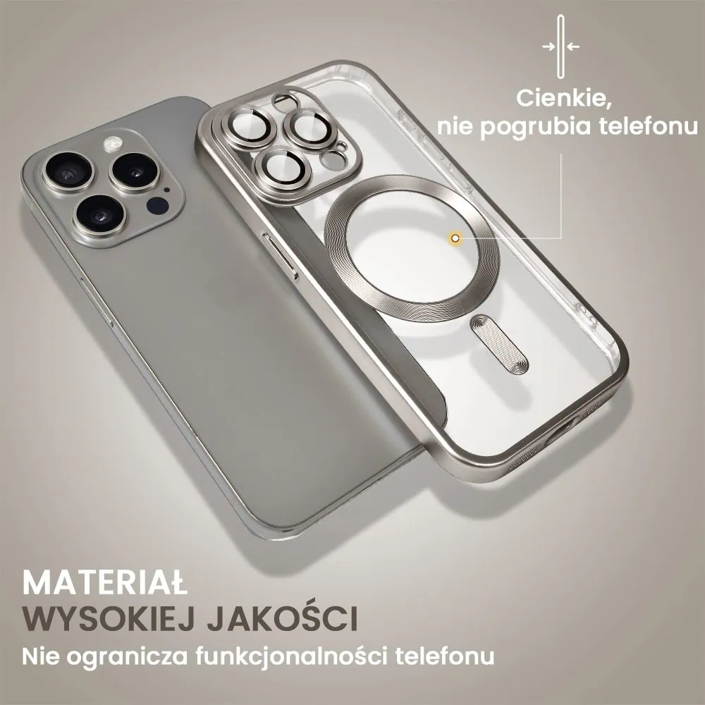 Etui do iPhone 15 Pro MagSafe Luxury Protect przeźroczyste, z osłoną aparatu, Titanium Finish, naturalnie tytanowe