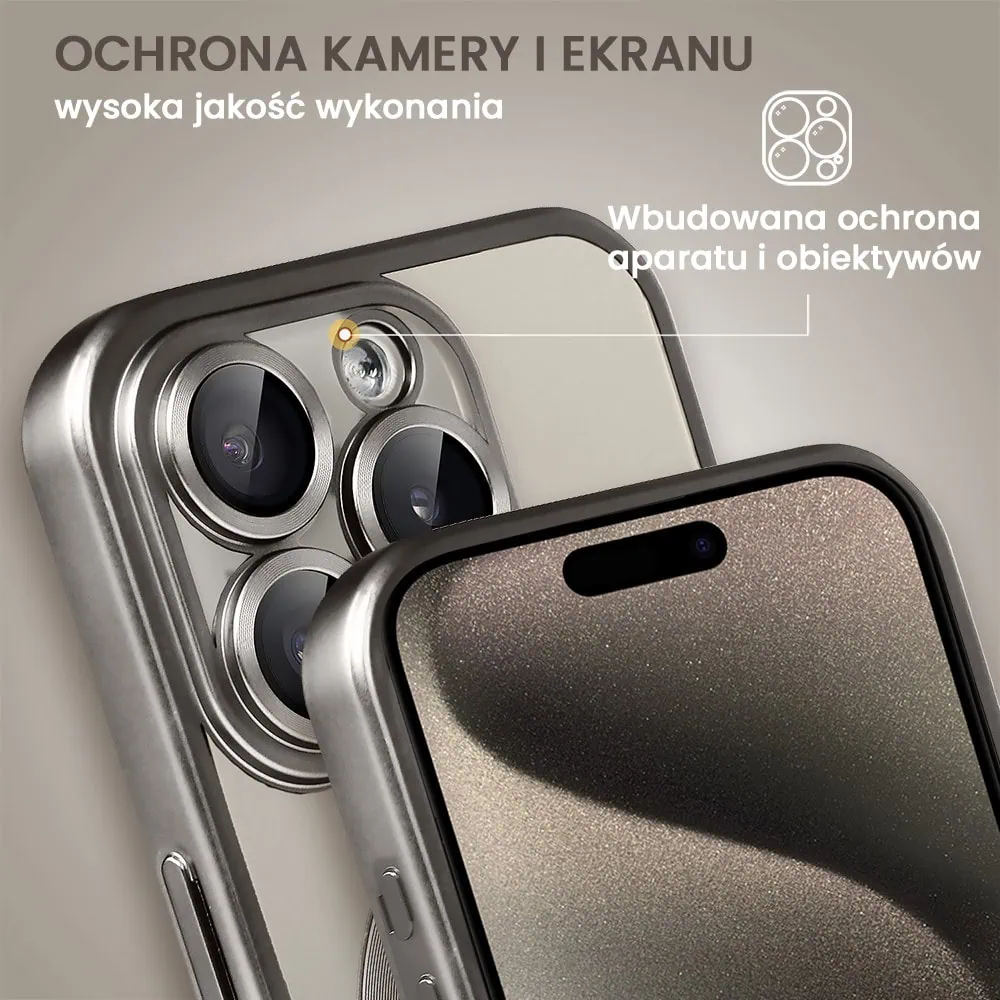 Etui do iPhone 15 Pro MagSafe Luxury Protect przeźroczyste, z osłoną aparatu, Titanium Finish, naturalnie tytanowe