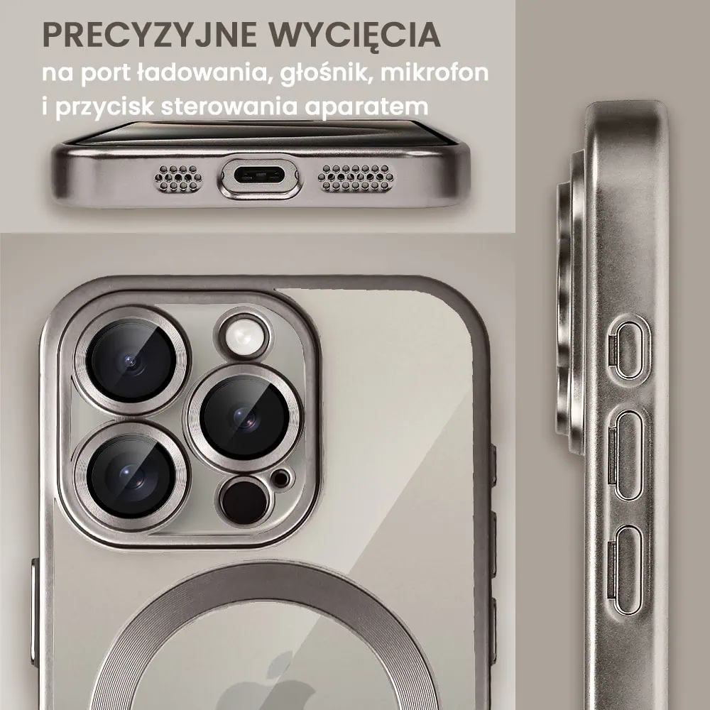Etui do iPhone 15 Pro MagSafe Luxury Protect przeźroczyste, z osłoną aparatu, Titanium Finish, naturalnie tytanowe