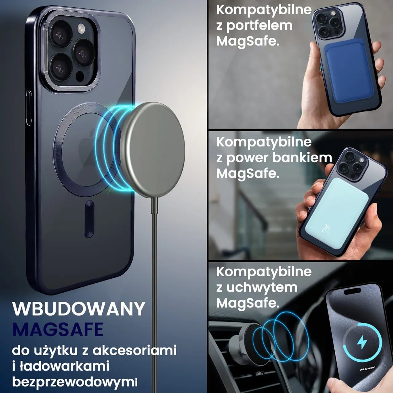 Etui do iPhone 15 Pro MagSafe Luxury Titanium Finish, przeźroczyste, granatowe