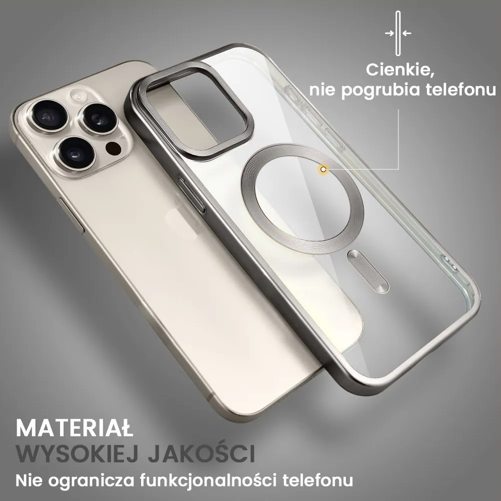 Etui do iPhone 15 Pro MagSafe Luxury Titanium Finish, przeźroczyste, tytanowe