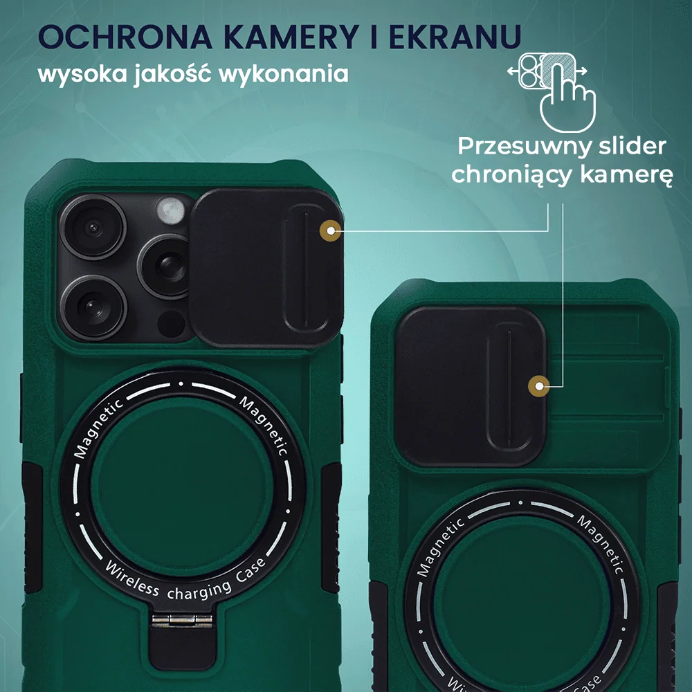 Etui do iPhone 15 Pro MagSafe Slide Camera Stand pancerne, osłona kamery z podstawką, zielone