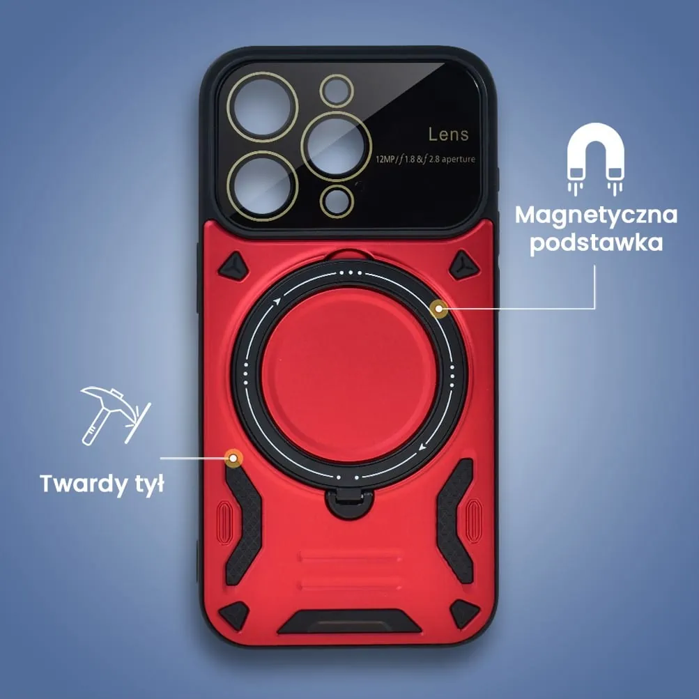 Etui do iPhone 15 Pro Max Magsafe Camera Beam Stand pancerne, osłona kamery z podstawką, czerwone