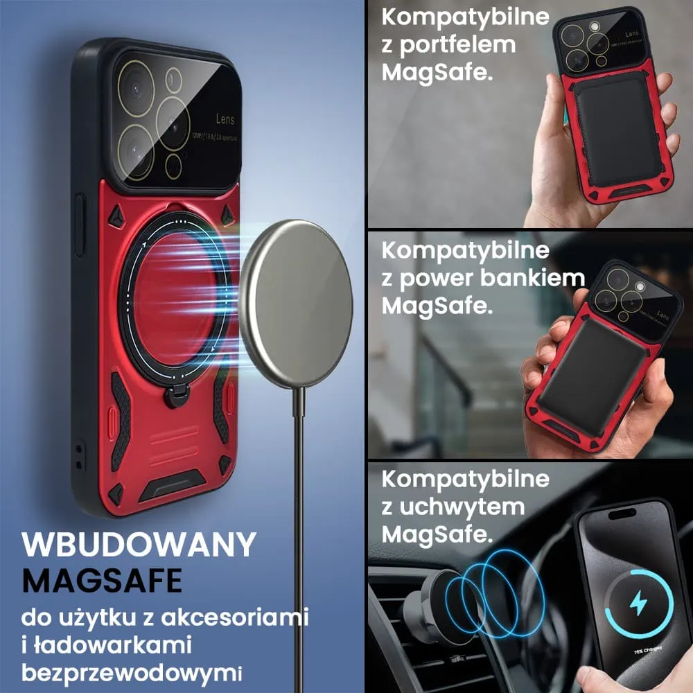 Etui do iPhone 15 Pro Max Magsafe Camera Beam Stand pancerne, osłona kamery z podstawką, czerwone