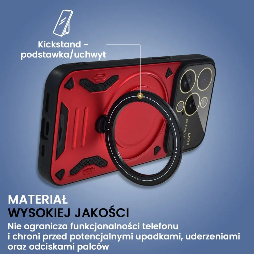 etui do iphone 15 pro magsafe camera beam stand pancerne, osłona kamery z podstawką, czerwone