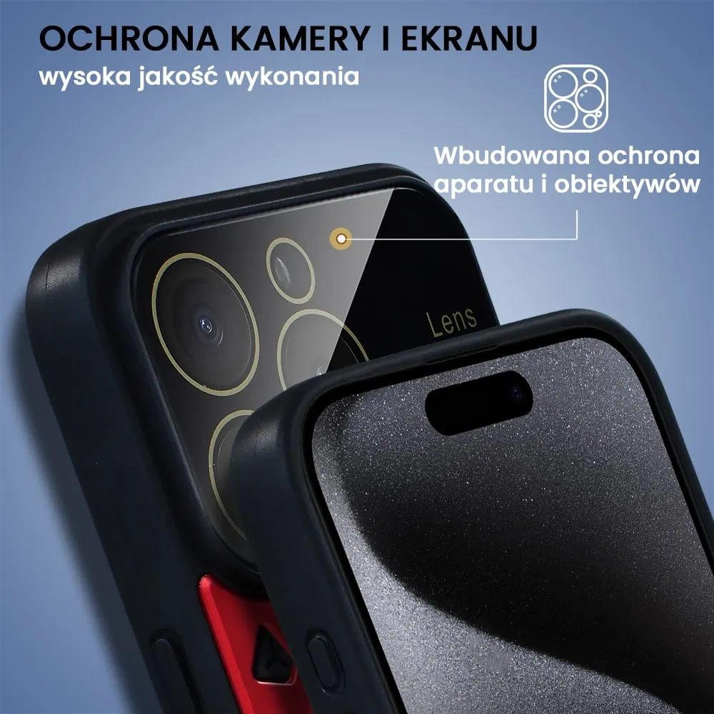 Etui do iPhone 15 Pro Max Magsafe Camera Beam Stand pancerne, osłona kamery z podstawką, czerwone