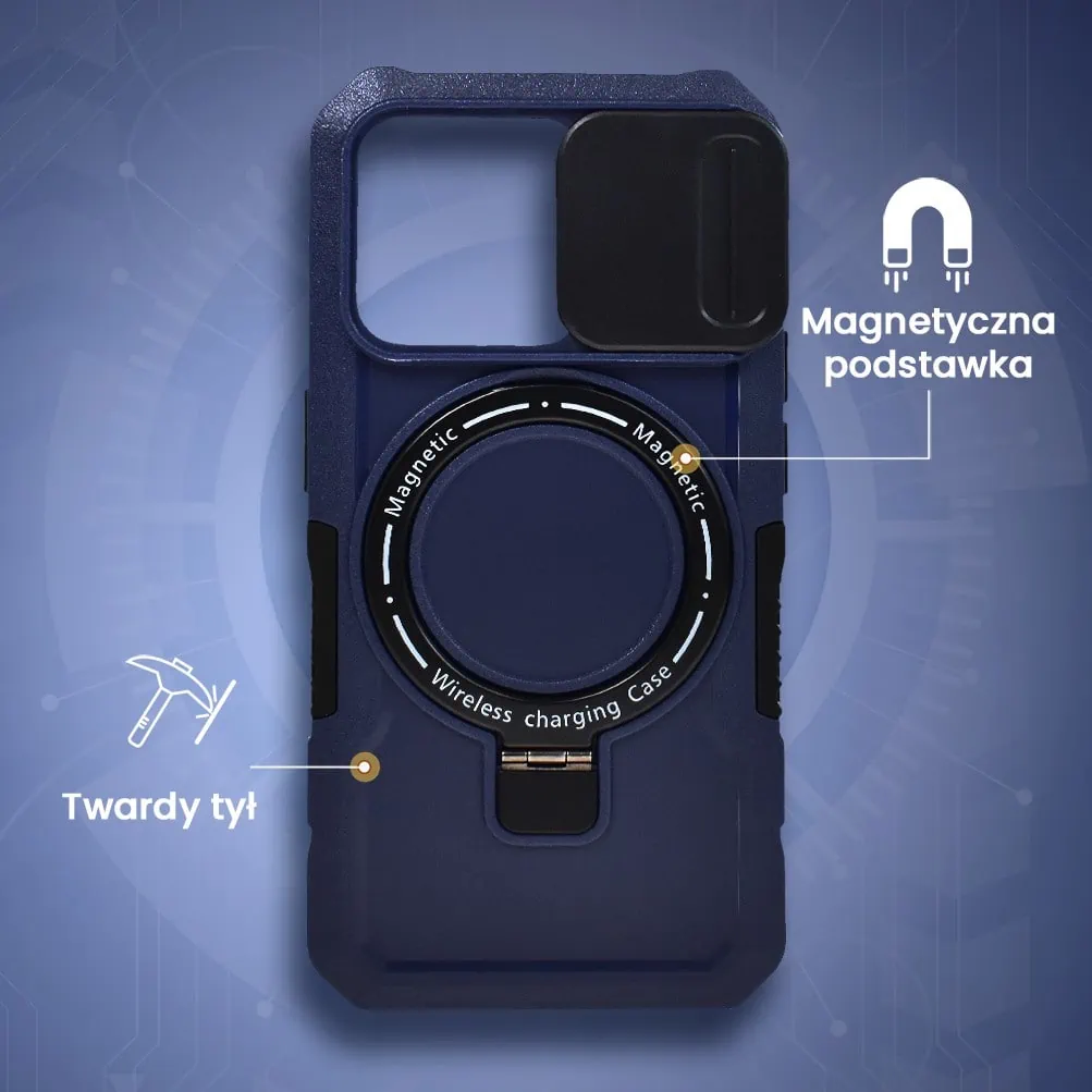 Etui do iPhone 15 Pro MagSafe Slide Camera Stand pancerne, osłona kamery z podstawką, granatowe