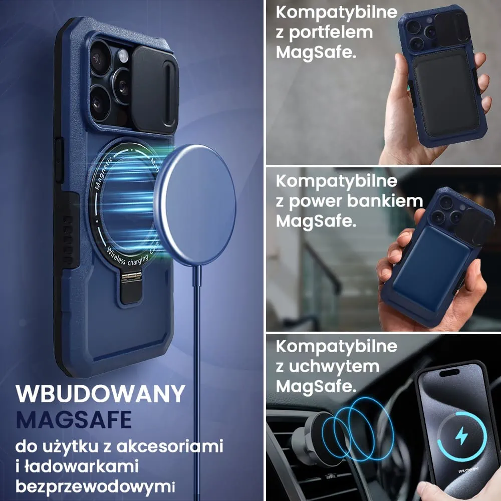 Etui do iPhone 15 Pro MagSafe Slide Camera Stand pancerne, osłona kamery z podstawką, granatowe