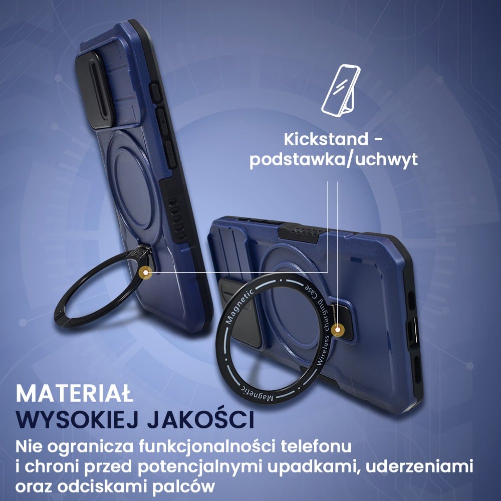 Etui do iPhone 15 Pro MagSafe Slide Camera Stand pancerne, osłona kamery z podstawką, granatowe