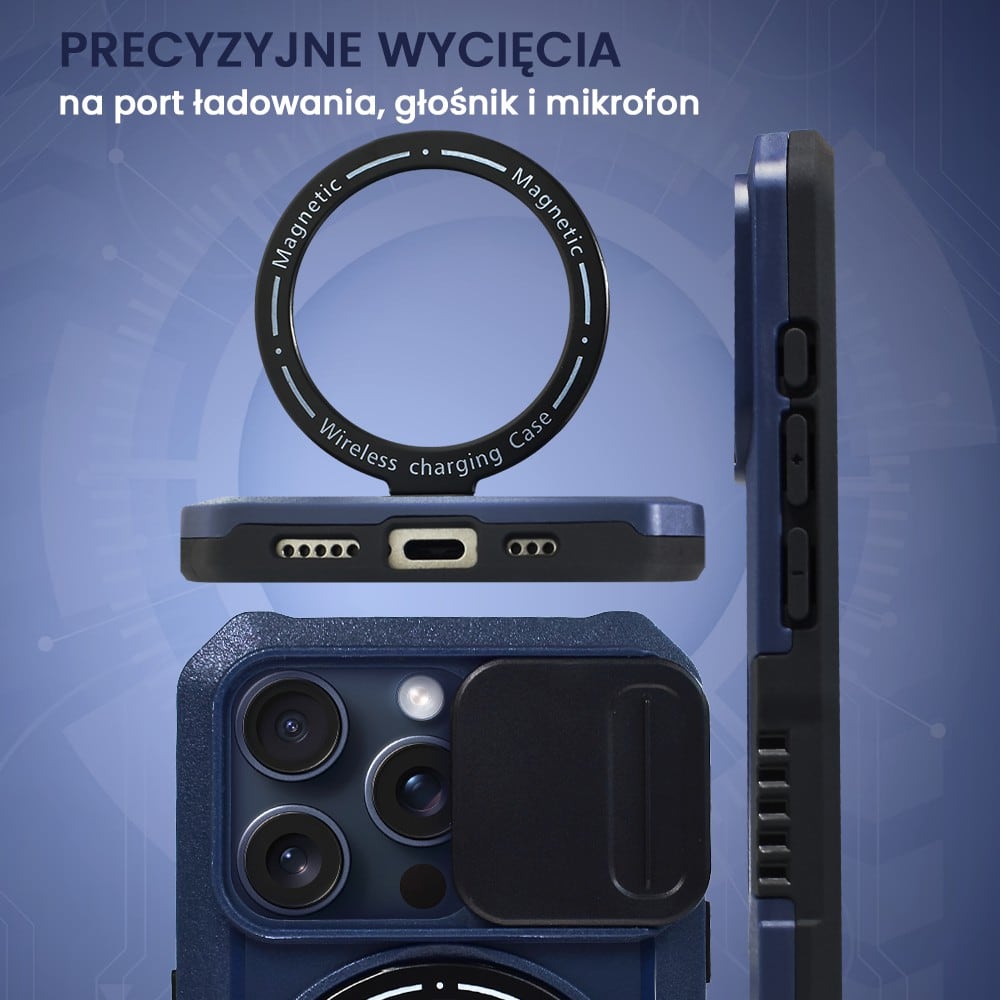 Etui do iPhone 15 Pro MagSafe Slide Camera Stand pancerne, osłona kamery z podstawką, granatowe