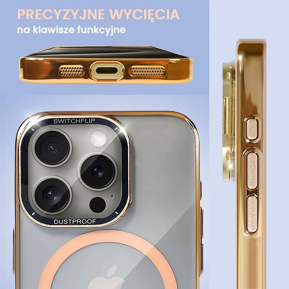 Etui do iPhone 15 Pro Cam Window, z osłoną aparatu i podstawką, twarde, złote