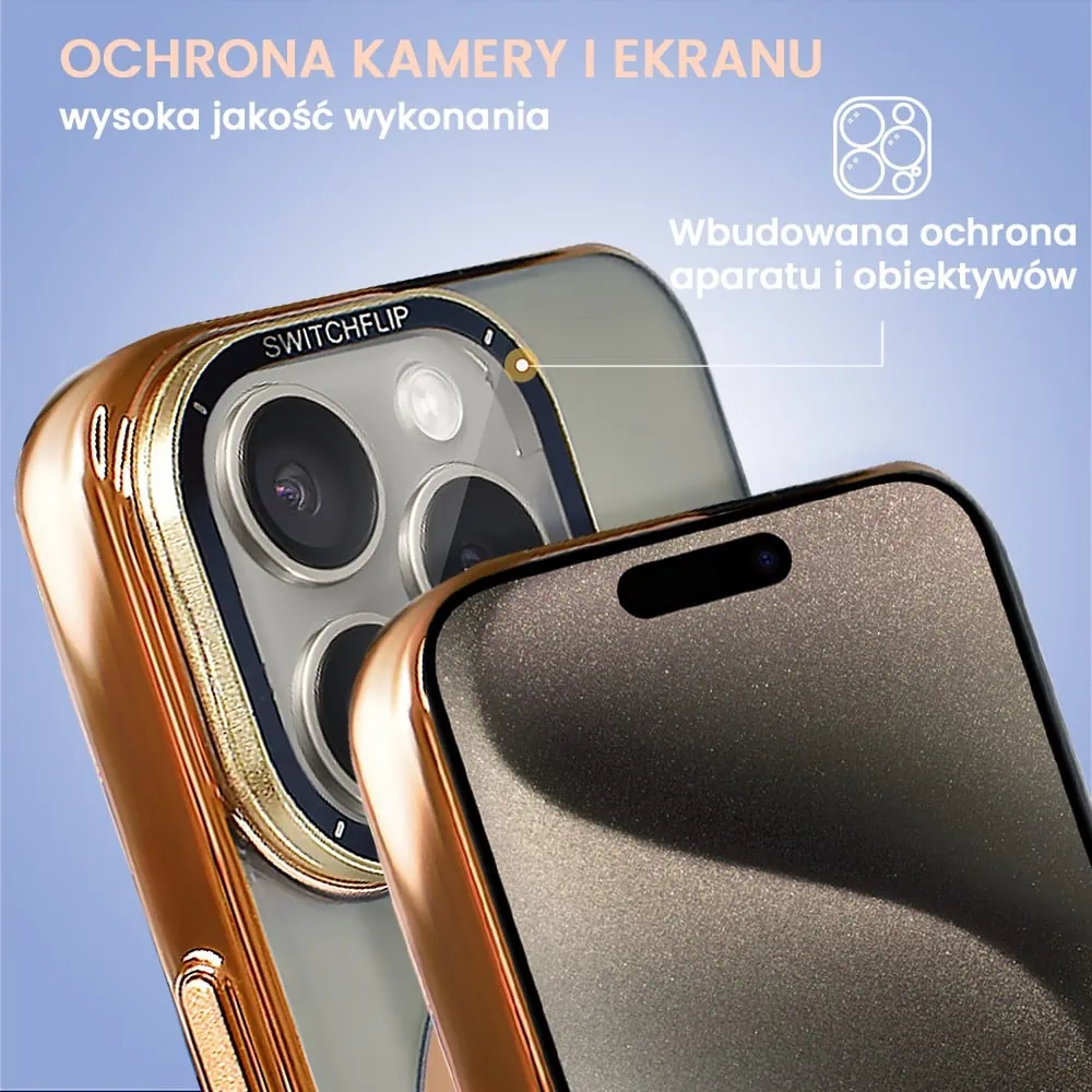 Etui do iPhone 15 Pro Cam Window, z osłoną aparatu i podstawką, twarde, złote