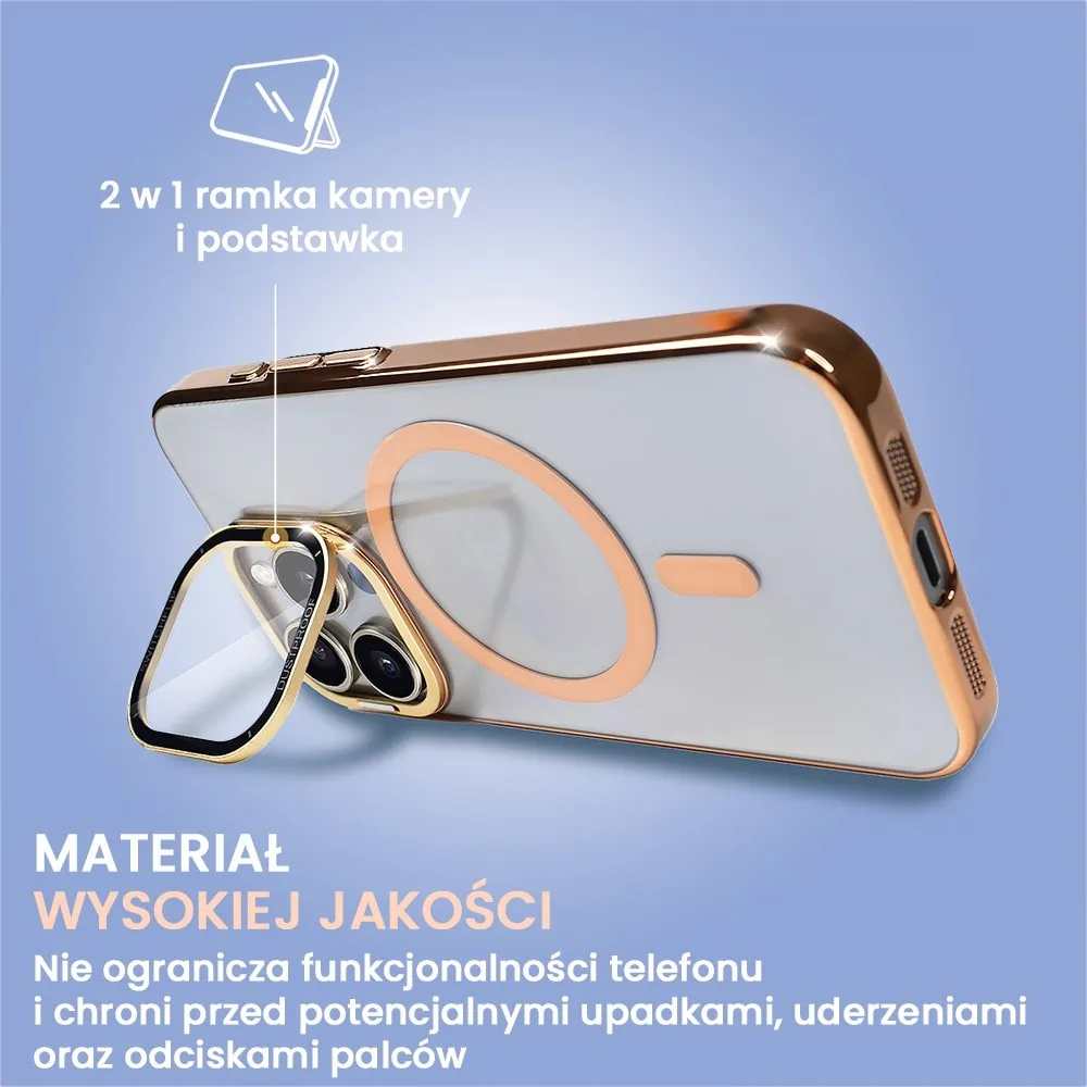 Etui do iPhone 15 Pro Cam Window, z osłoną aparatu i podstawką, twarde, złote