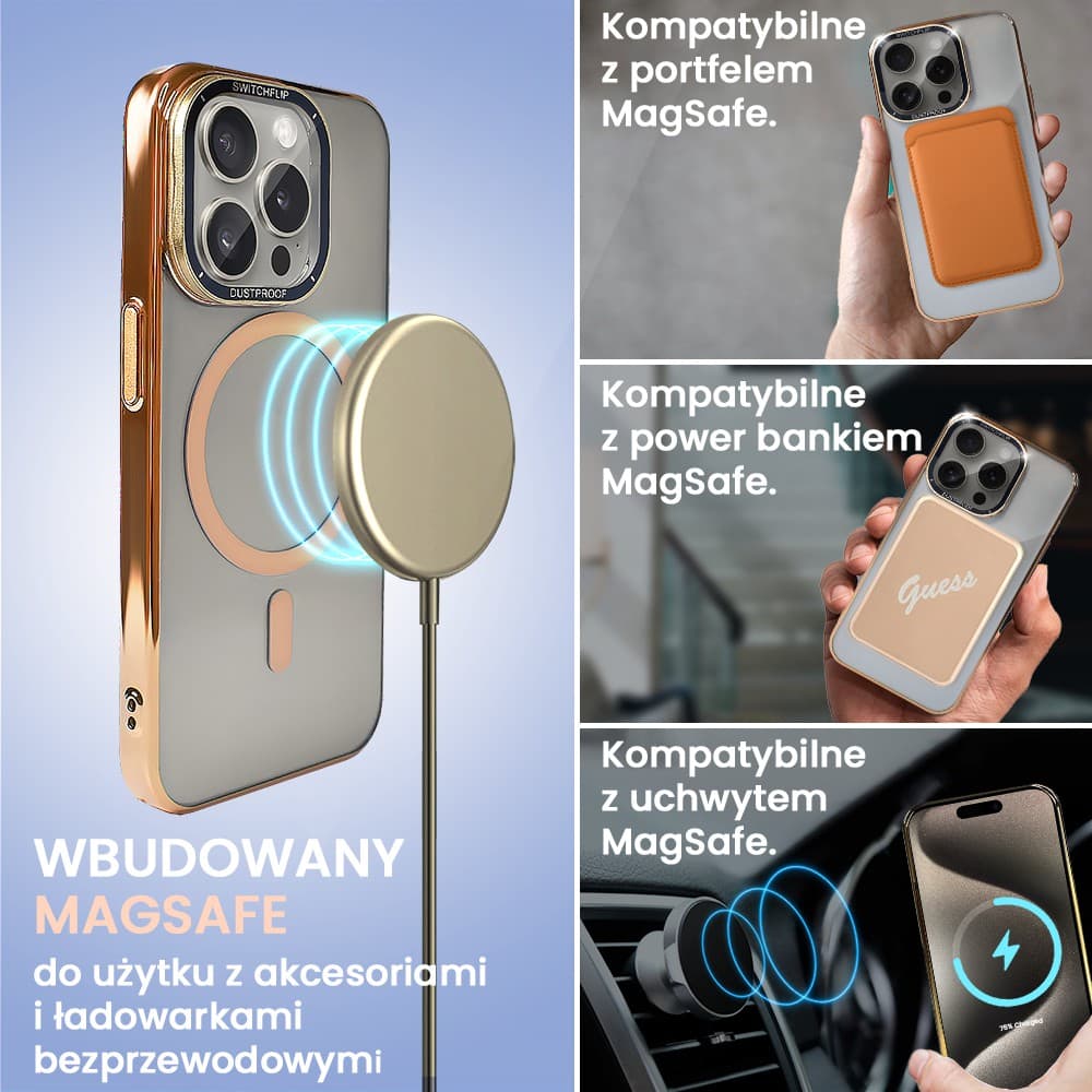 Etui do iPhone 15 Pro Cam Window, z osłoną aparatu i podstawką, twarde, złote
