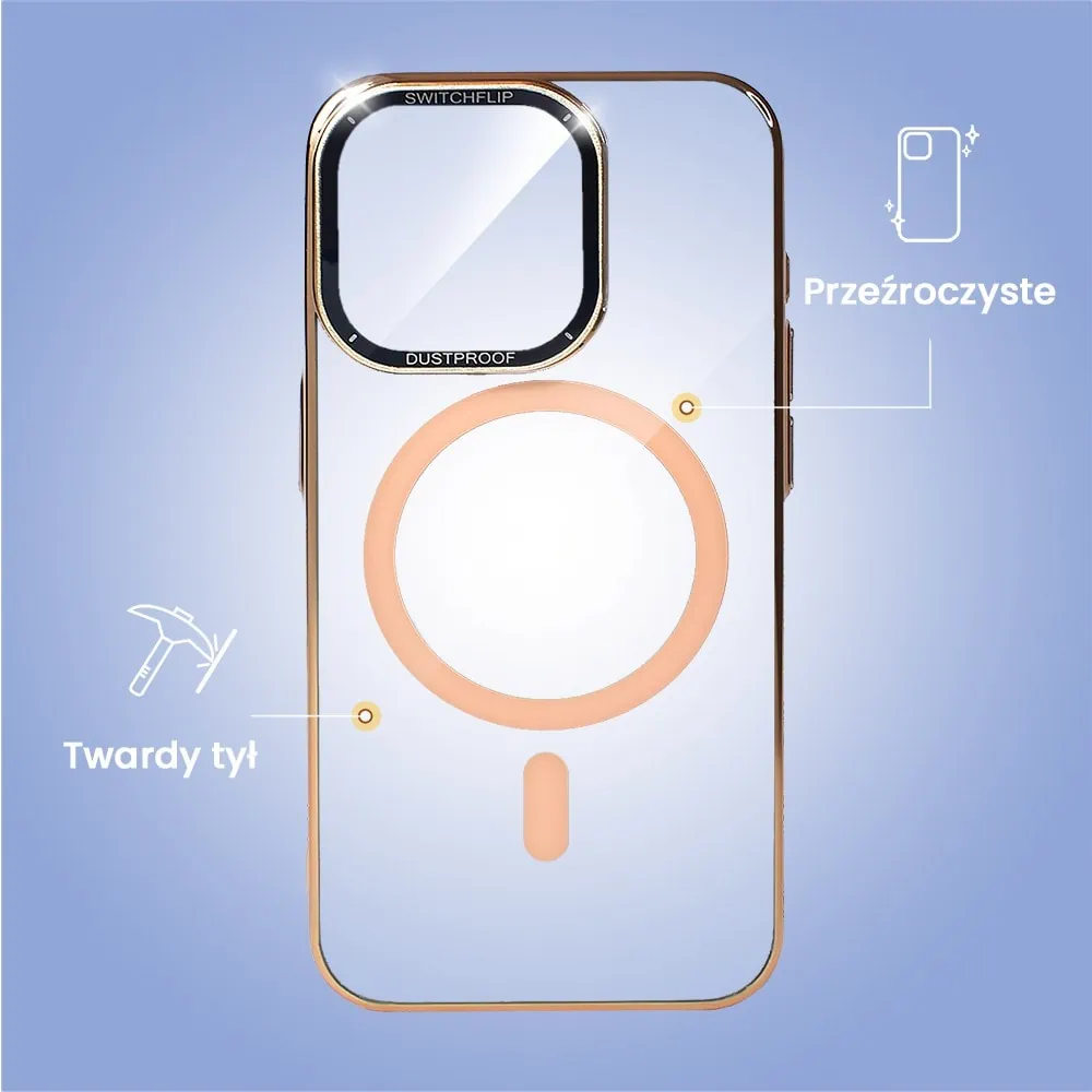 Etui do iPhone 15 Pro Cam Window, z osłoną aparatu i podstawką, twarde, złote