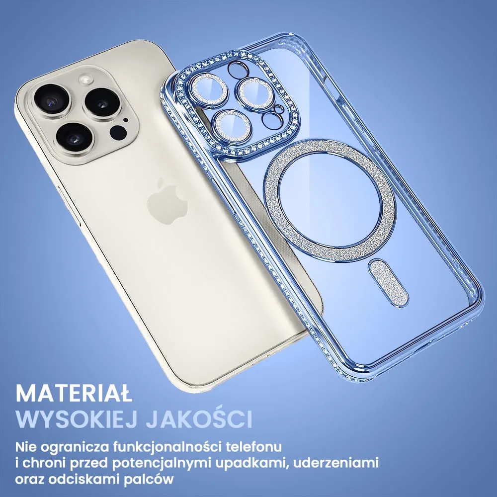 Etui do iPhone 15 Pro Max Diadem Glow, błyszczące z MagSafe, przeźroczyste, niebieskie (OUTLET)