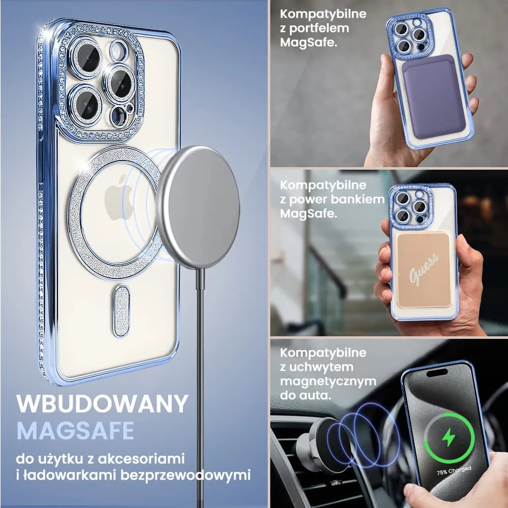 Etui do iPhone 15 Pro Max Diadem Glow, błyszczące z MagSafe, przeźroczyste, niebieskie (OUTLET)