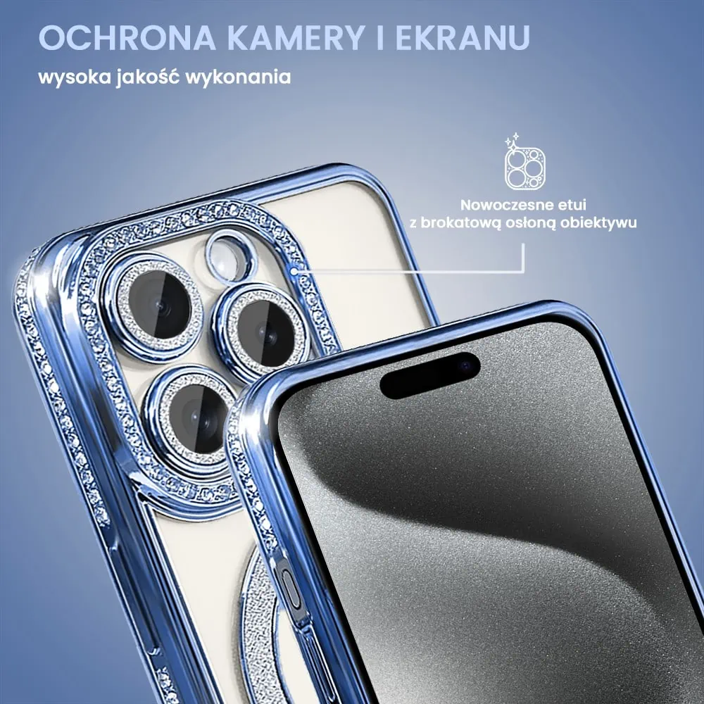 Etui do iPhone 15 Pro Max Diadem Glow, błyszczące z MagSafe, przeźroczyste, niebieskie (OUTLET)