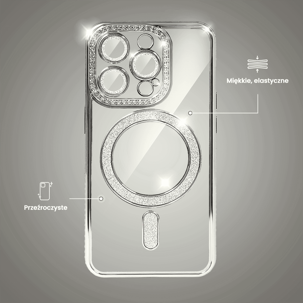 Etui do iPhone 15 Pro Diadem Glow, błyszczące z MagSafe, przeźroczyste, srebrne (OUTLET)