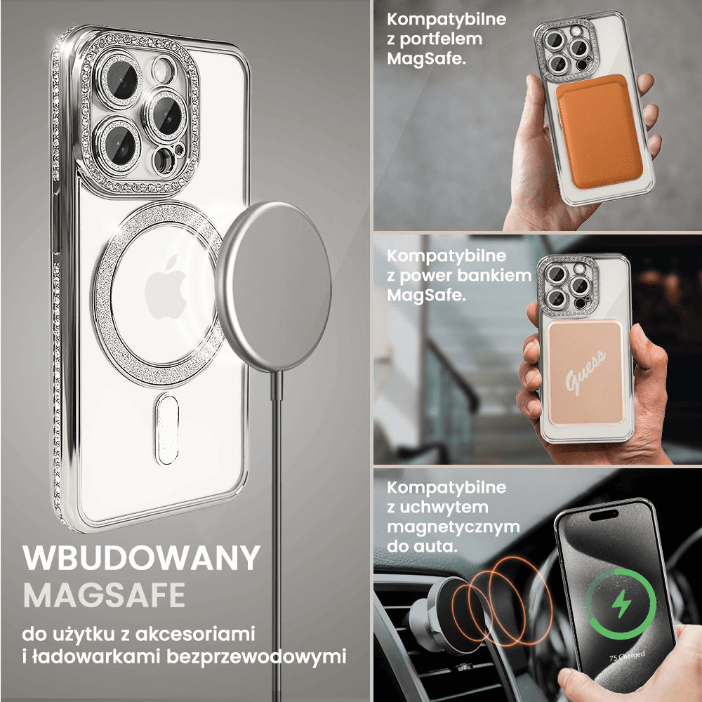 Etui do iPhone 15 Pro Diadem Glow, błyszczące z MagSafe, przeźroczyste, srebrne (OUTLET)