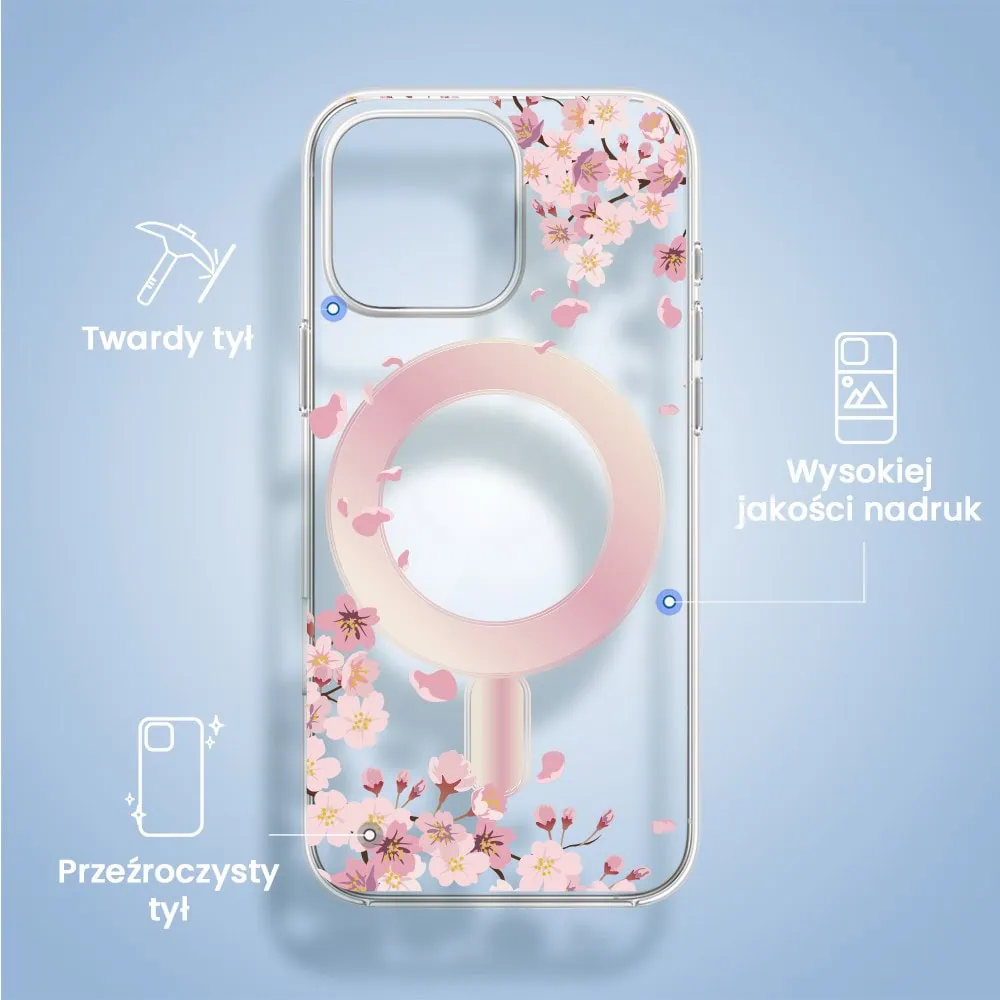 Etui do iPhone 15 Pro Max, Flower MagSafe, kwiat wiśni, przeźroczyste