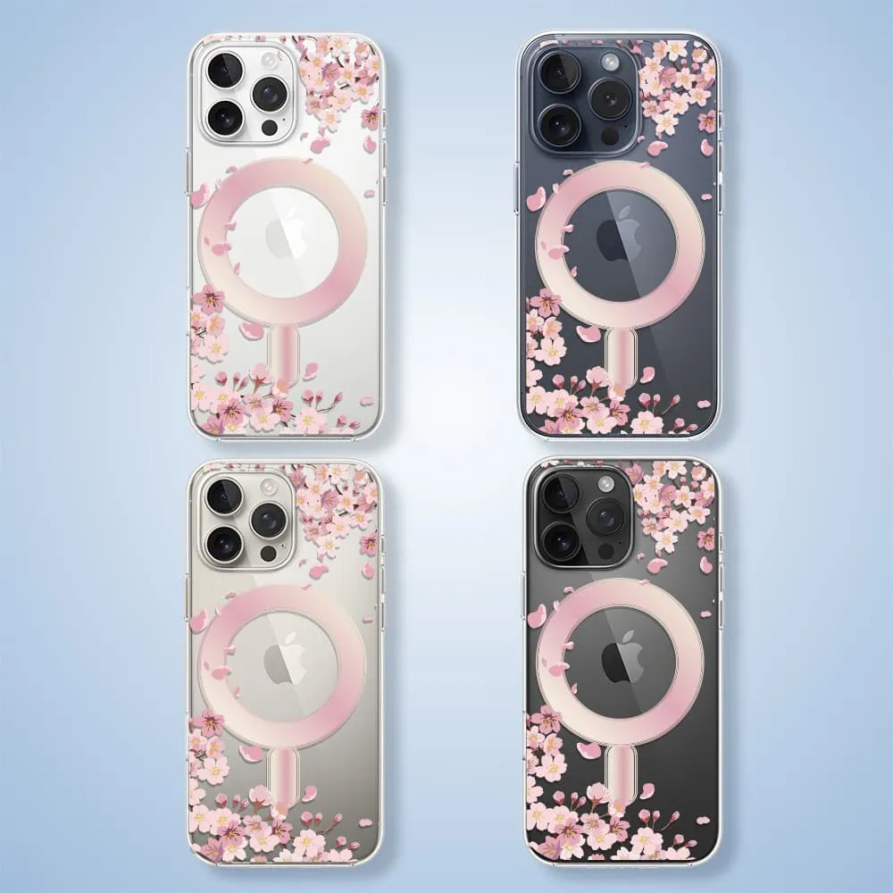 Etui do iPhone 15 Pro Max, Flower MagSafe, kwiat wiśni, przeźroczyste