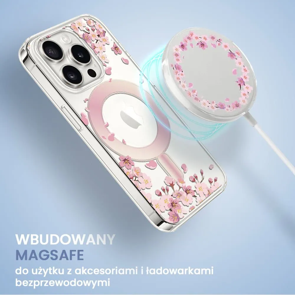 Etui do iPhone 15 Pro Max, Flower MagSafe, kwiat wiśni, przeźroczyste