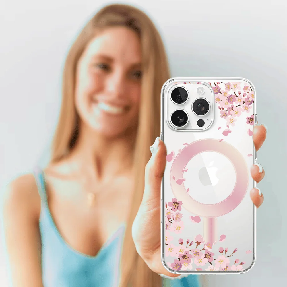 Etui do iPhone 15 Pro Max, Flower MagSafe, kwiat wiśni, przeźroczyste