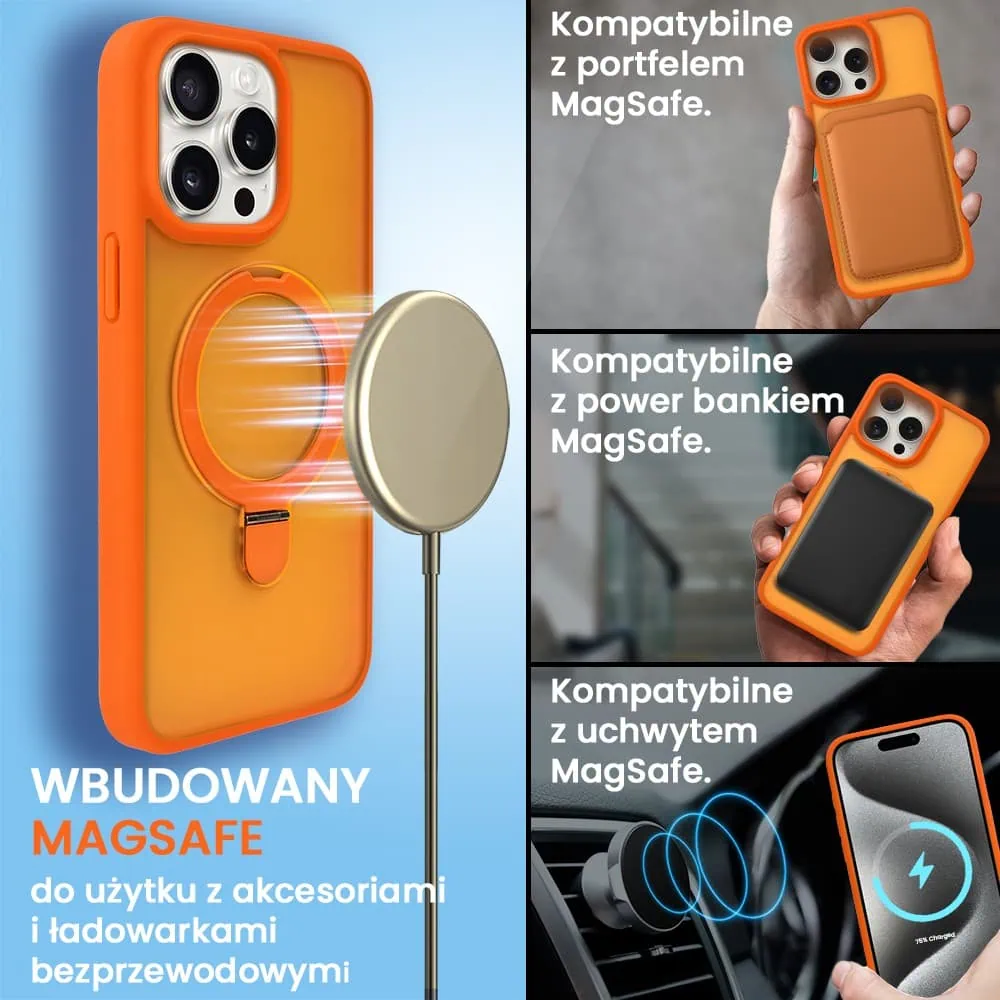 Etui do iPhone 15 Pro Frosted Armor Stand 3w1 z podstawka i ochrona aparatu, pomarańczowe