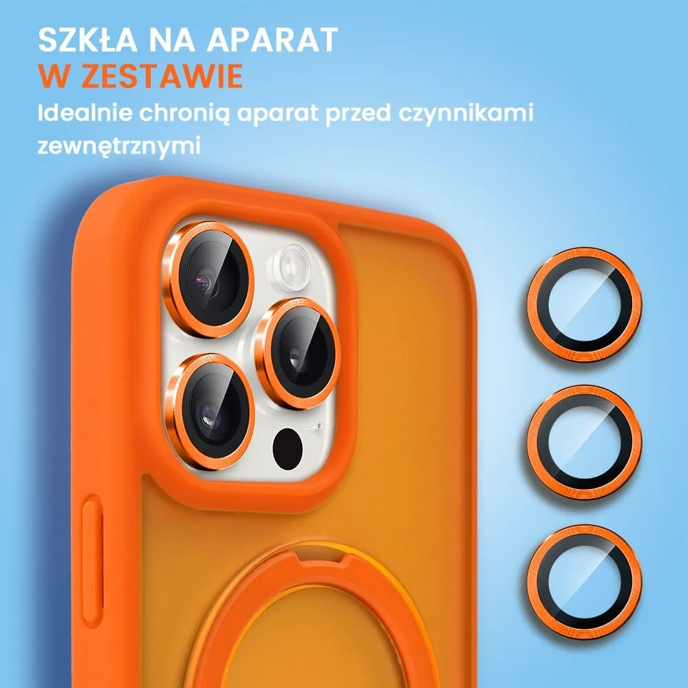 Etui do iPhone 15 Pro Frosted Armor Stand 3w1 z podstawka i ochrona aparatu, pomarańczowe