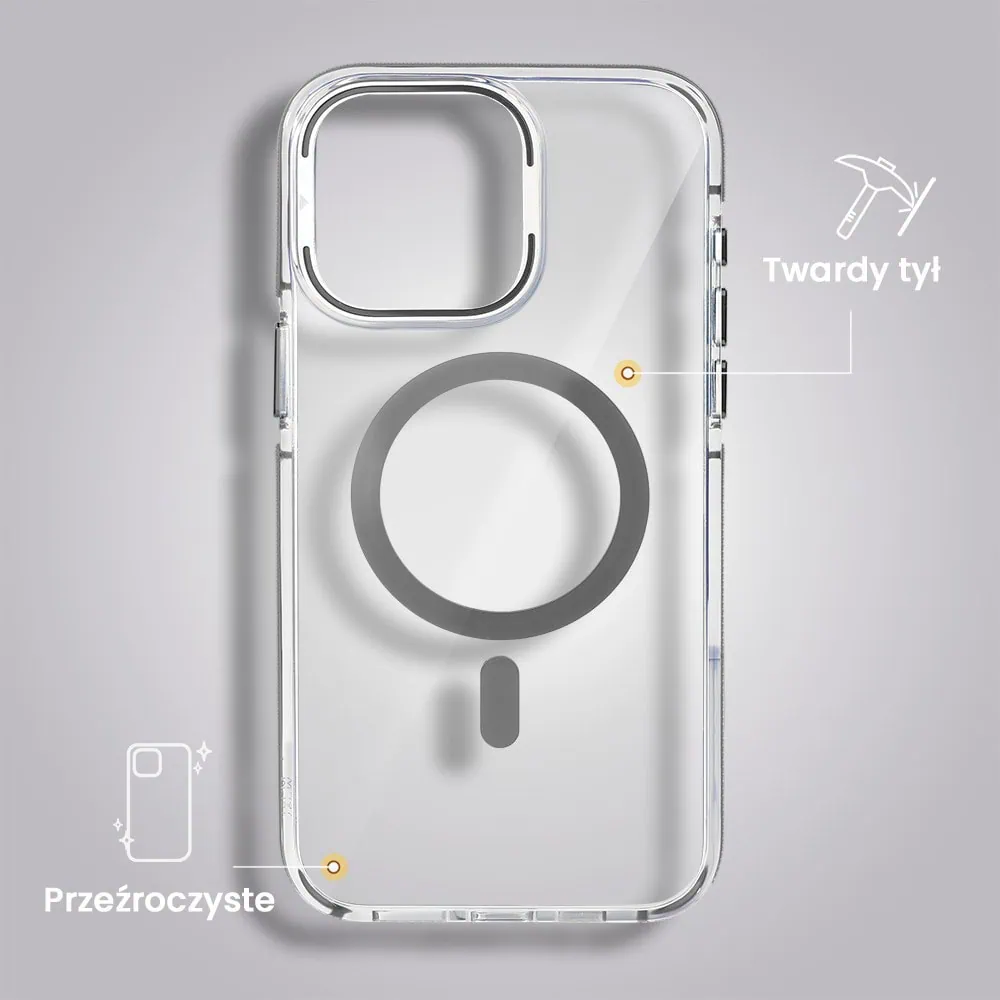 Etui do iPhone 15 Pro Max Hard Color MagSafe, twardy krystaliczny tył, z podstawką, szare