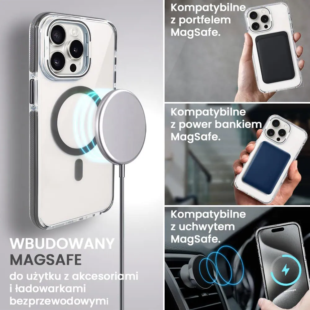 Etui do iPhone 15 Pro Max Hard Color MagSafe, twardy krystaliczny tył, z podstawką, szare